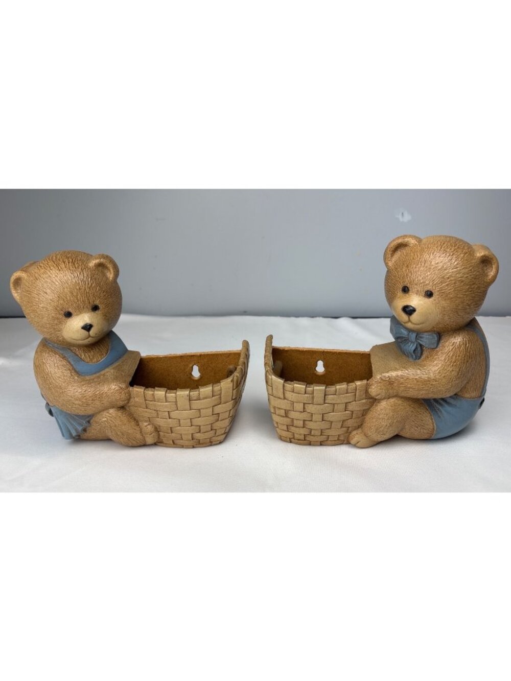 Burwood Bear Wall Planters Pair Blue Overalls Cute Rustic Décor USA Made